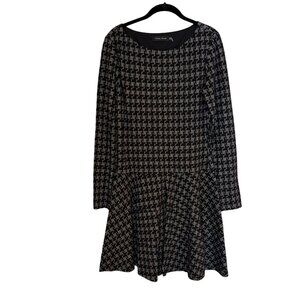 Ivanka Trump Dress Drop Waist Flare Black Grey/white Houndstooth Long Sleeve